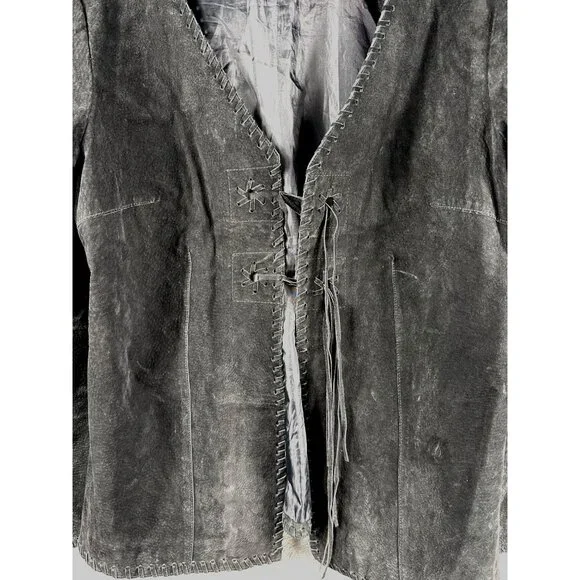 Faded Glory Ladies Leather Jacket L Black Fringe Tie Closure - Picture 3 of 16